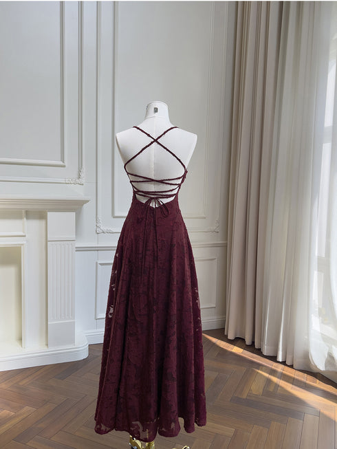 Vintage-Inspired Dark Red Floral Lace Prom Dress, Romantic A-Line Evening Gown