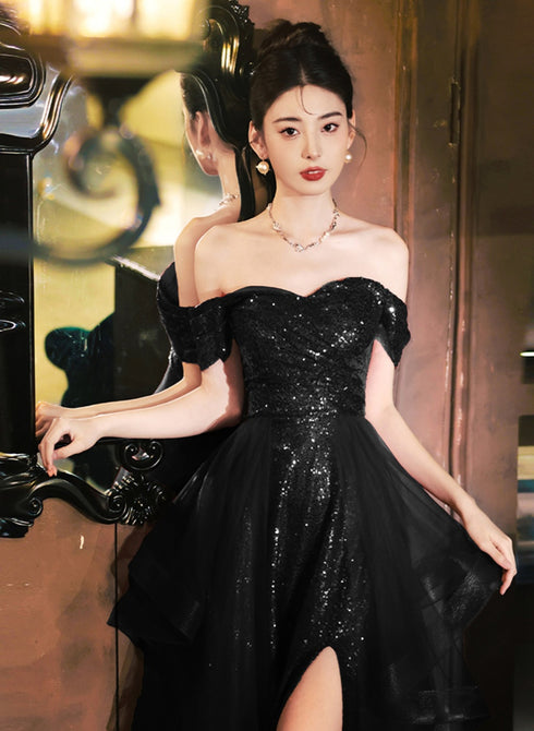 A-line Black Tulle and Sequins Long Prom Dress with Leg Slit, Black Formal Dress