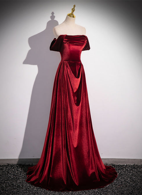 Wine Red Velvet Floor Length Long Formal Dress, A-line Velvet Bridesmaid Dress