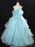 Light Blue Tulle Ball Gown with Floral Lace Applique Party Dress, Off Shoulder Corset Quinceañera Dress