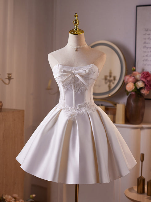 Elegant Satin Strapless Short Party Dress with Lace Applique, Strapless Corset Graduation Dress