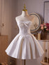 Elegant Satin Strapless Short Party Dress with Lace Applique, Strapless Corset Graduation Dress