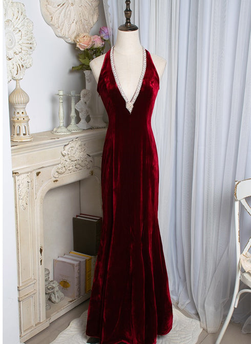 Wine Red Velvet Mermaid Beaded Long Party Dress, Wine Red Prom Dress