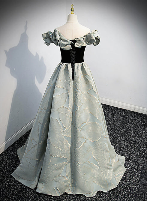 A-line Blue Grey Satin Sweetheart Off Shoulder Prom Dress, Long Evening Dress