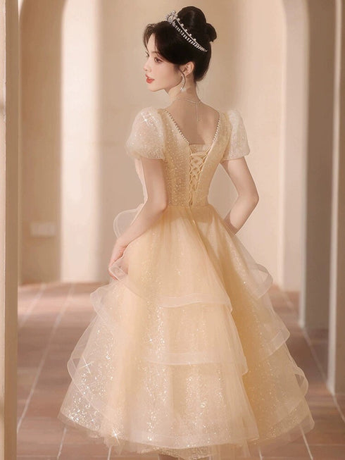 Sparkly Champagne Tulle Prom Dress with Puff Sleeves, Fairy Tea-Length Bridesmaid Homecoming Party Dress