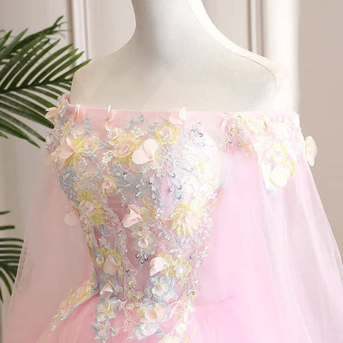 Cute Pink Ball Gown Sweet 16 Dress with Flowers, Pink Tulle Long Formal Dress