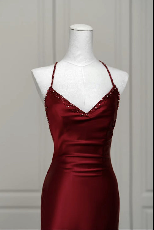 Wine Red Satin Mermaid Straps Low Back Prom Dress, Wine Red Evening Dress