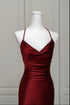 Wine Red Satin Mermaid Straps Low Back Prom Dress, Wine Red Evening Dress