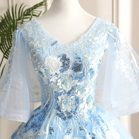 Light Blue Ball Gown V-neckline Puffy Sleeves Party Dress, Light Blue Prom Dress
