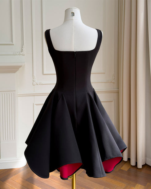 Square Neck Sleeveless A-Line Mini Dress Fitted Homecoming Dress, Black Party Dress with Red Lining