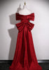 Wine Red Satin Off Shoulder Long Formal Dress with Bow, Wine Red Satin Evening Dress Prom Dress
