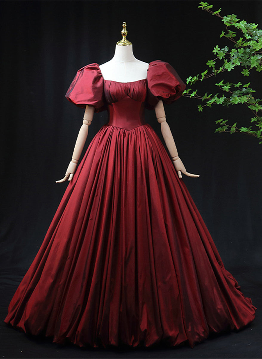 Wine Red Taffeta Short Sleeves Long Prom Dress, Wine Red Evening Dress –  BeautyDressy