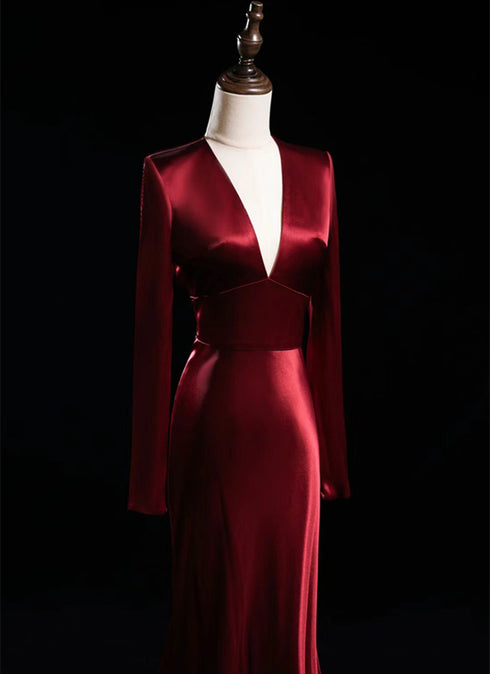 Wine Red Long Sleeves Open Back A-line Prom Dress, Wine Red Satin Wedding Party Dress