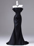 Black Satin Long Off Shoulder Mermaid Party Dress, Black Simple Evening Dress Formal Dress