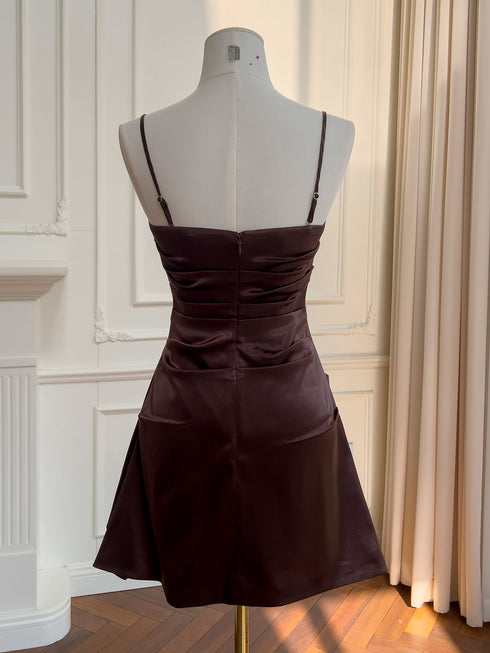 Dark Brown Satin Ruched Spaghetti Strap Mini Dress, Elegant Backless Bodycon Party Cocktail Dress