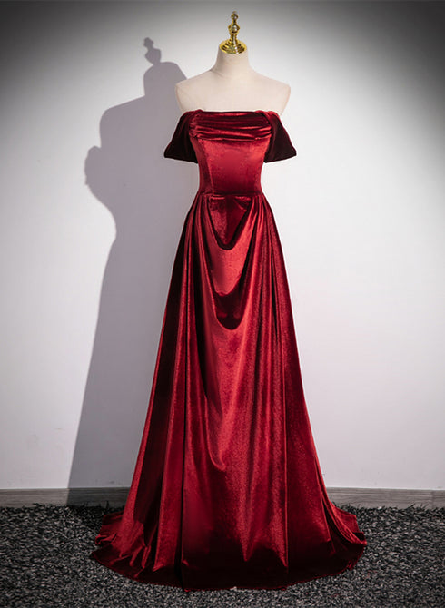 Wine Red Velvet Floor Length Long Formal Dress, A-line Velvet Bridesmaid Dress