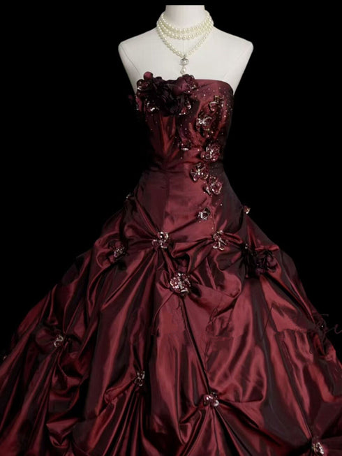 Burgundy Strapless Floral Applique Ball Gown Taftta Prom Dress, Burgundy Long Quinceanera Dress