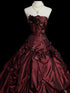 Burgundy Strapless Floral Applique Ball Gown Taftta Prom Dress, Burgundy Long Quinceanera Dress