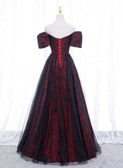 Black and Red Lace Sweetheart Long Party Dress, Black and Red A-line Prom Dress