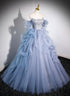 Blue Tulle Long Beaded Off Shoulder Prom Dress, Blue Evening Dress Party Dress