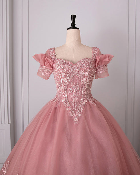 Pink Tulle Ball Gown with Lace Applique Sweet 16 Dress, Pink Off Shoulder Long Prom Dress