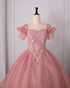 Pink Tulle Ball Gown with Lace Applique Sweet 16 Dress, Pink Off Shoulder Long Prom Dress