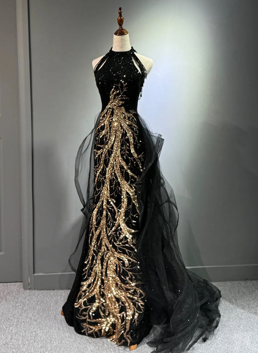 Black Halter Sequins Long Party Dress with God Lace, Black Long Evenin