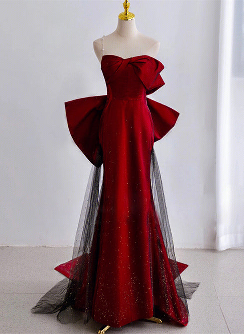 Chic Wine Red and Black Satin Long Party Dress, Beautiful Prom Dress