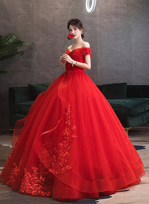 Red Off Shoulder Ball Gown Tulle with Lace Applique Party Dress, Red Sweet 16 Dress
