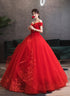 Red Off Shoulder Ball Gown Tulle with Lace Applique Party Dress, Red Sweet 16 Dress