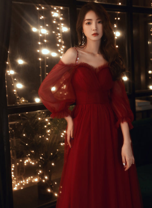 A-line Wine Red Beaded Straps Tulle Prom Dress, Wine Red Long Evening Dress