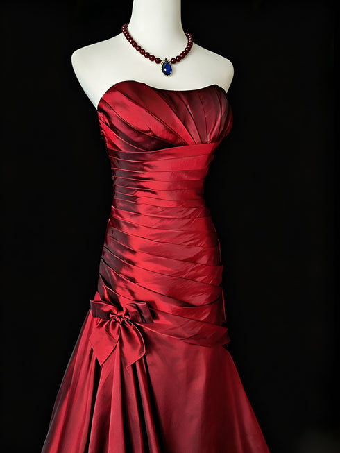 Red Taffeta Strapless Mermaid Long Evening Dress, Red Floor Length Prom Dress Party Dress
