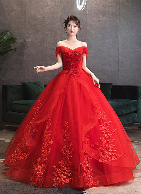 Red Off Shoulder Ball Gown Tulle with Lace Applique Party Dress, Red Sweet 16 Dress
