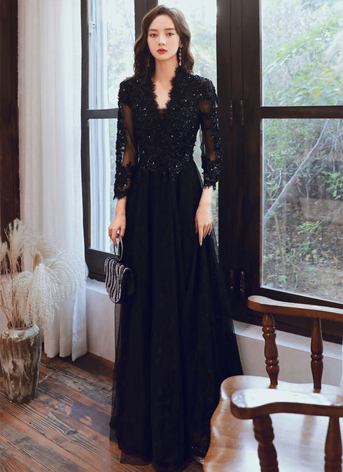 Black Tulle with Lace Long Sleeves A-line Prom Dress, Black Evening Dress Party Dress