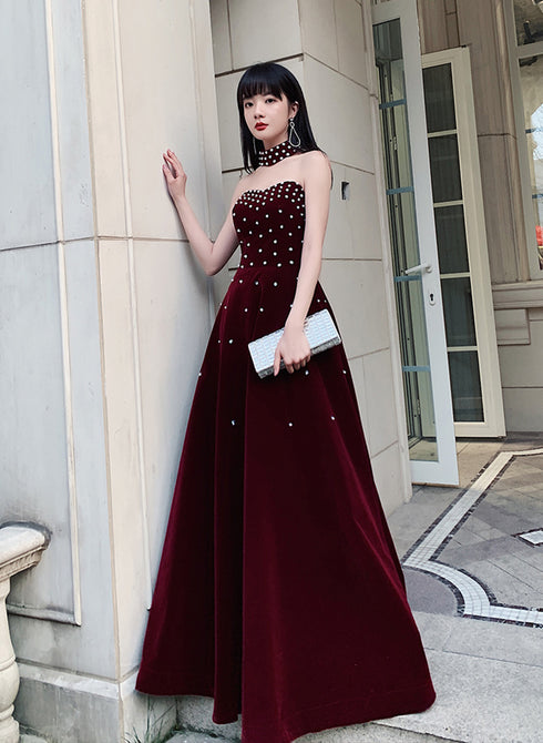 Wine Red Velvet Beaded Long Prom Dress, Wine Red Velvet Party Dress