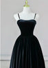 Black A-line Velvet Straps Floor Length Party Dress, Black Velvet Prom Dress Evening Dress