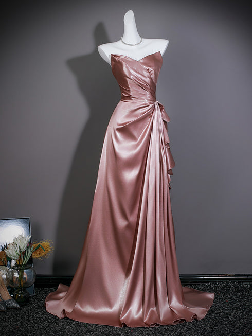 Pink Satin V-neckline A-line Long Formal Dress, Pink Off Shoulder Satin Evening Dress Prom Dress