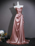 Pink Satin V-neckline A-line Long Formal Dress, Pink Off Shoulder Satin Evening Dress Prom Dress