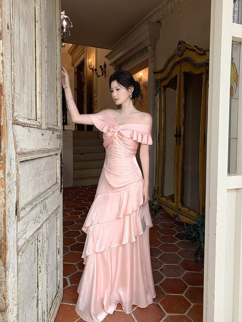 Elegant Off Shoulder Satin Prom Dress, Ruffle Sweetheart Evening Gown Party Dress
