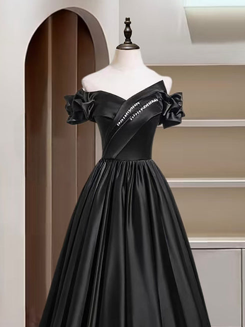 A-line Black Satin Sweetheart Off Shoulder Prom Dress, Black Satin Beaded Evening Dress