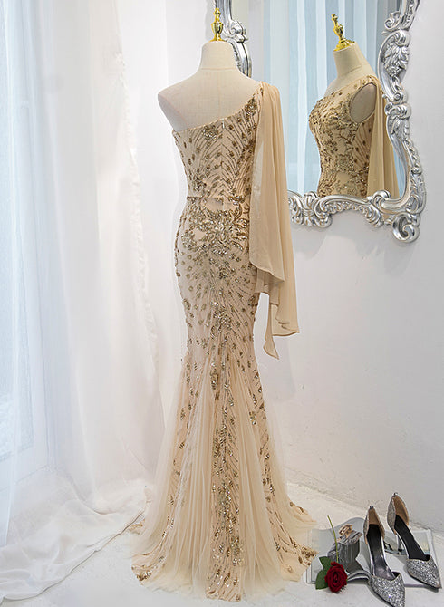 Lovely One Shoulder Champagne Sequins Mermaid Prom Dress, Champagne Evening Dress