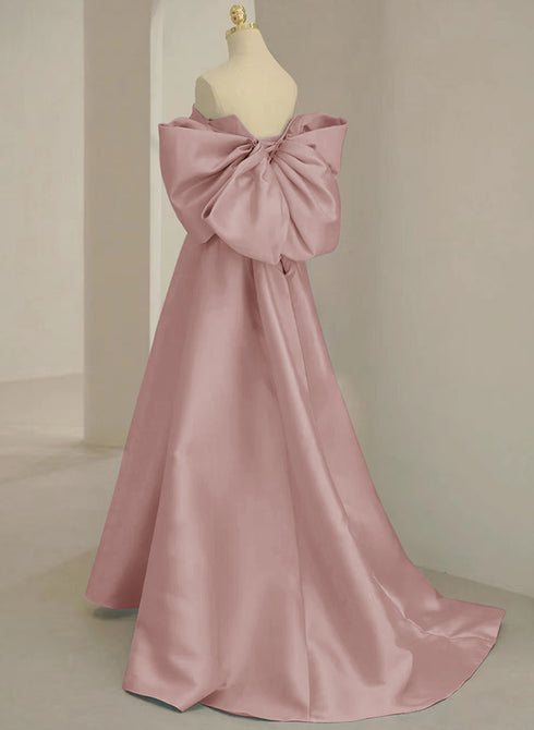 Pink Off Shoulder Satin Long Simple Party Dress, Pink Satin Prom Dress