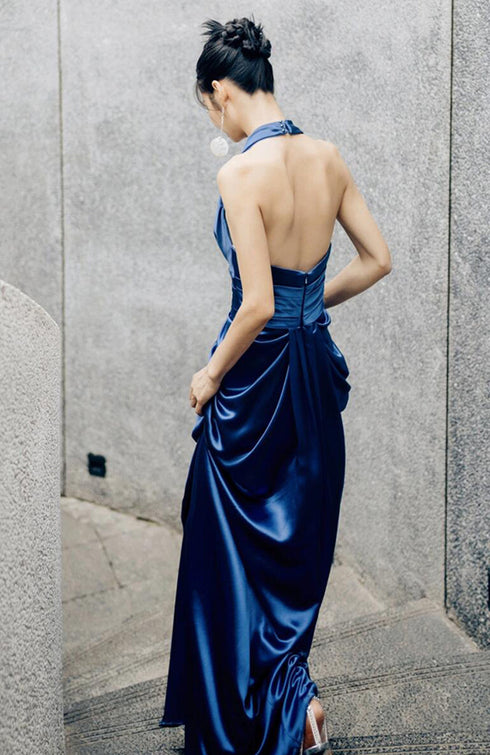 Blue Satin Halter Prom Dress, Blue Low Back Ruched Floor Length Evening Gown