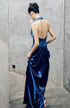 Blue Satin Halter Prom Dress, Blue Low Back Ruched Floor Length Evening Gown