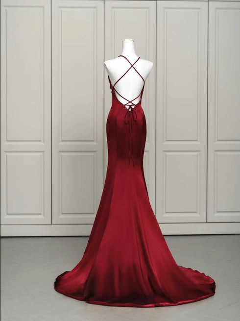 Wine Red Satin Mermaid Straps Low Back Prom Dress, Wine Red Evening Dress