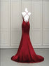 Wine Red Satin Mermaid Straps Low Back Prom Dress, Wine Red Evening Dress