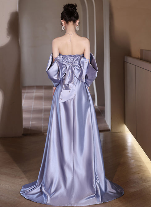 Light Purple Satin Beaded Off Shoulder Prom Dress, Light Purple Evening Dress