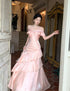 Pink Off Shoulder Ruffle Long Prom Dress,Satin Tiered Mermaid Maxi Dress Party Dress