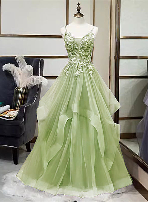 Green V-neckline Tulle with Lace Applique Prom Dress, Green Layers Tulle Party Dress