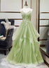 Green V-neckline Tulle with Lace Applique Prom Dress, Green Layers Tulle Party Dress